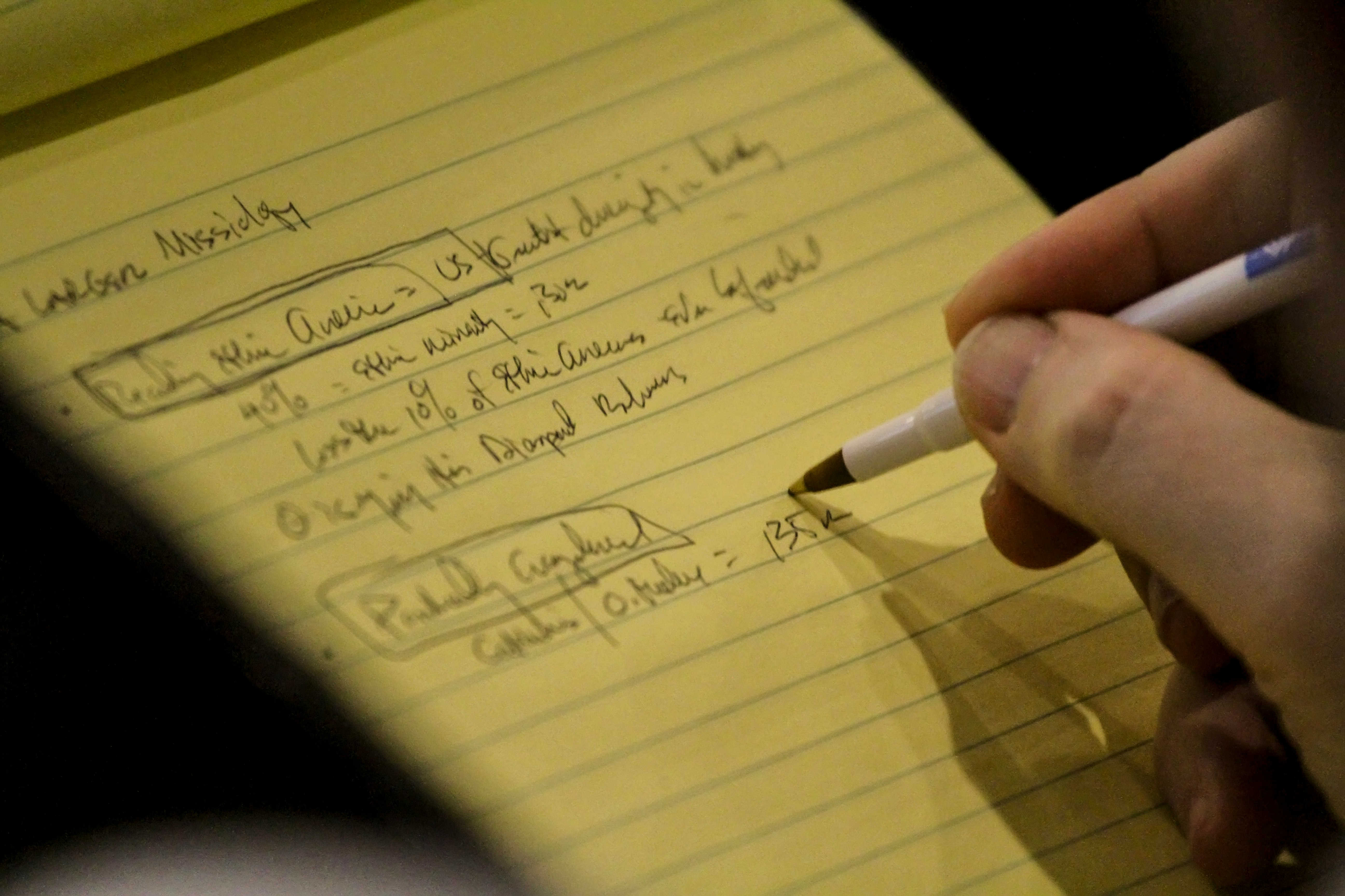 person holding white and black pen writing on yellow paper